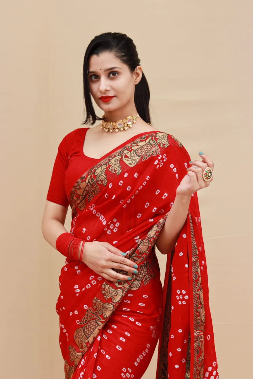 Red Bandhani Viscose Silk Saree