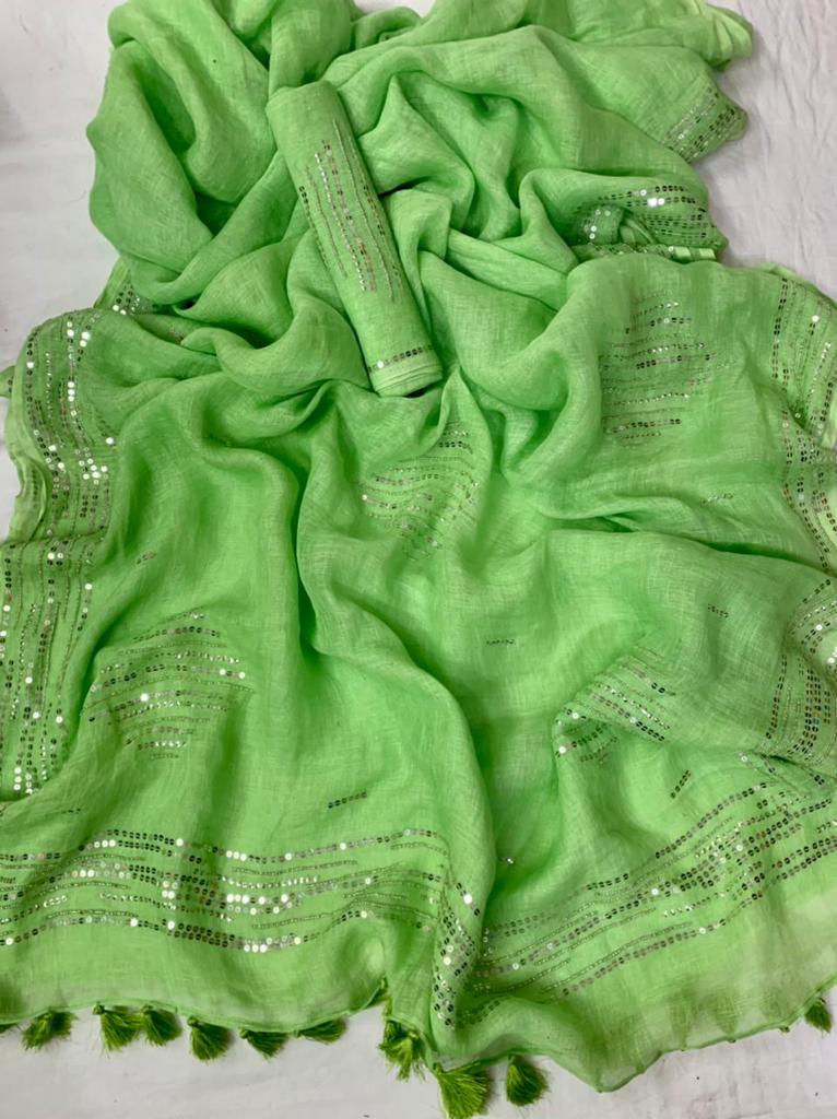 Green Pure Linen Saree With Embroidery