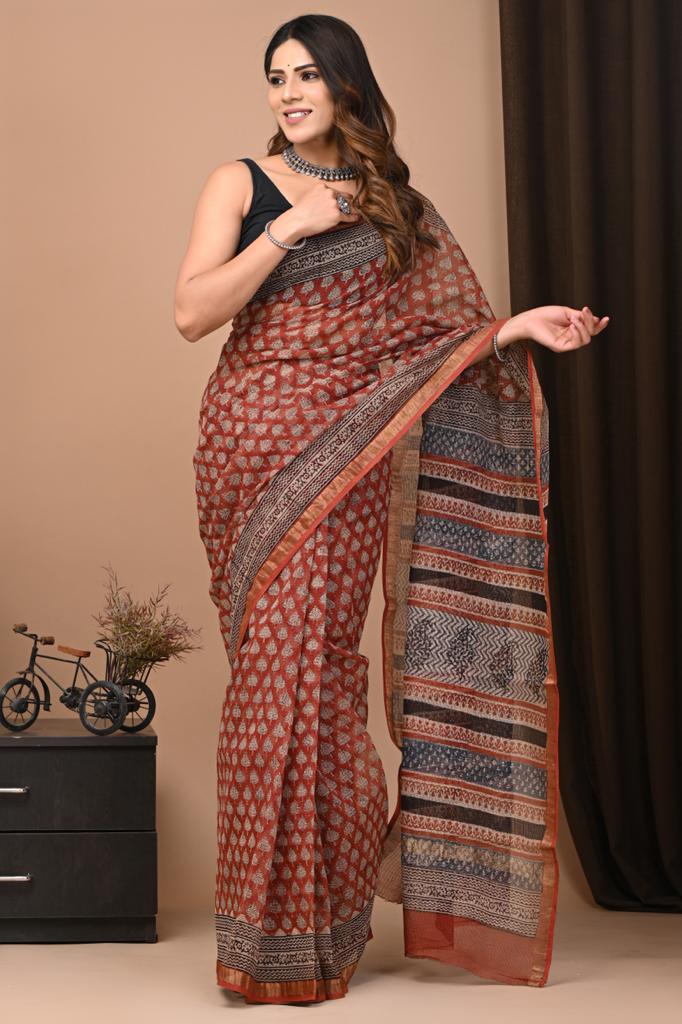 Maroon Block Print Kota Doria Saree