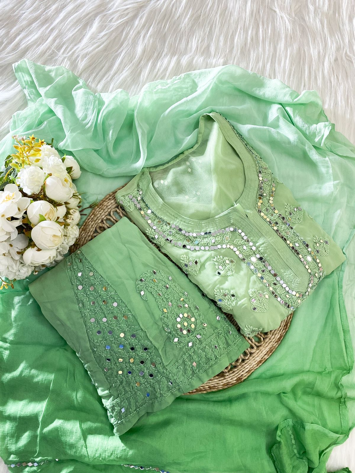 Green Mirror Work Chikankari Sharara Set
