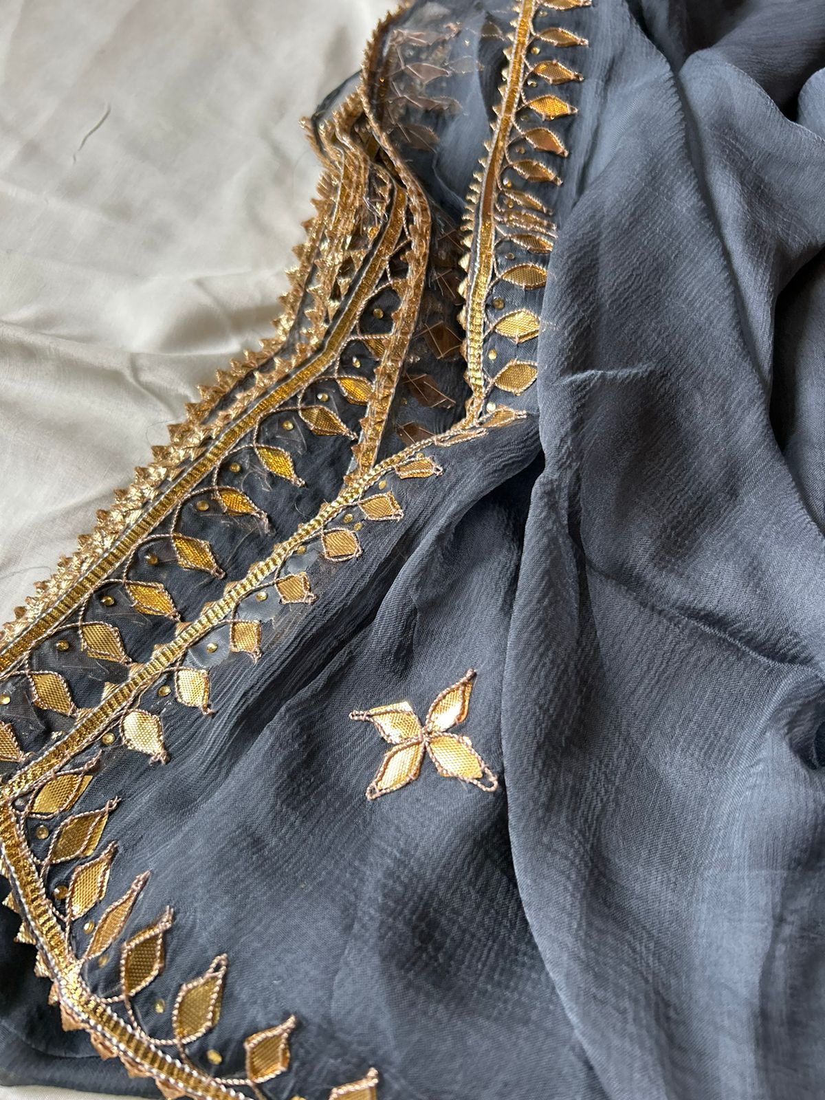 Pure Chiffin Gota Patti Saree In Grey