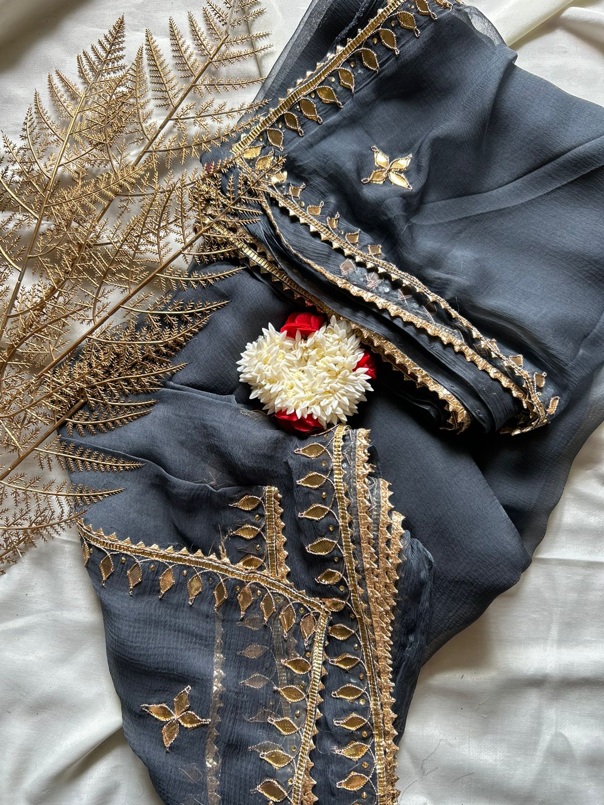 Pure Chiffin Gota Patti Saree In Grey