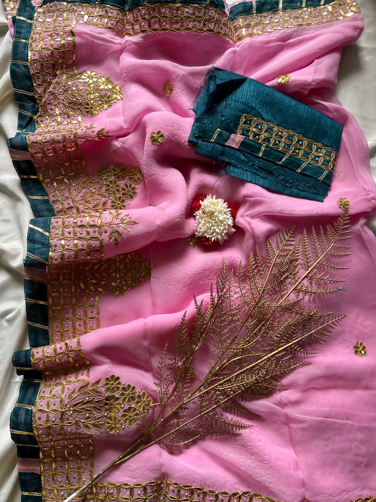 Pink-Green Gota Patti Georgette Saree