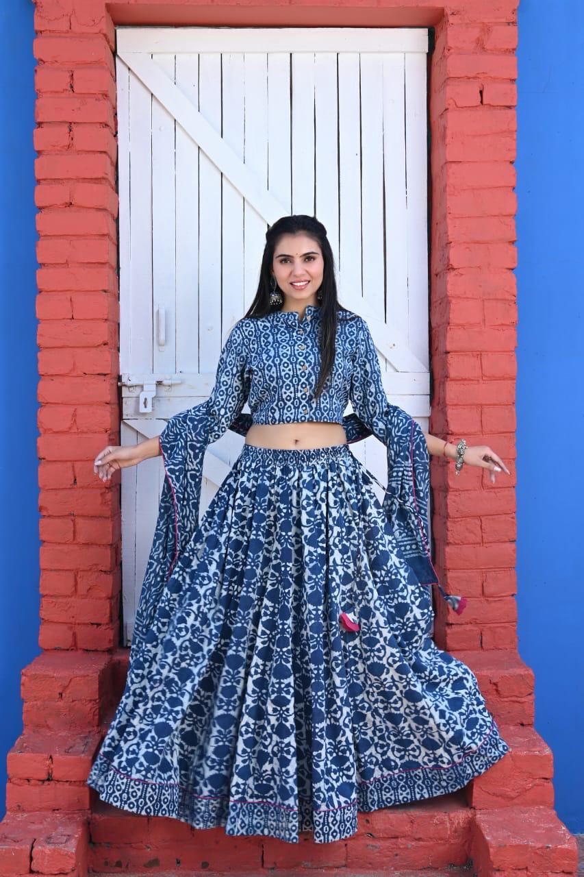 Blue Bagru Print lehenga choli Set
