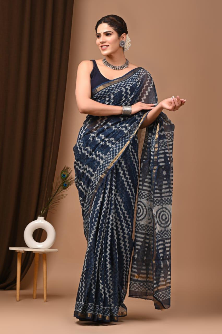 Manorama- Trending Ink Blue Kota Doria Traditional Print Saree