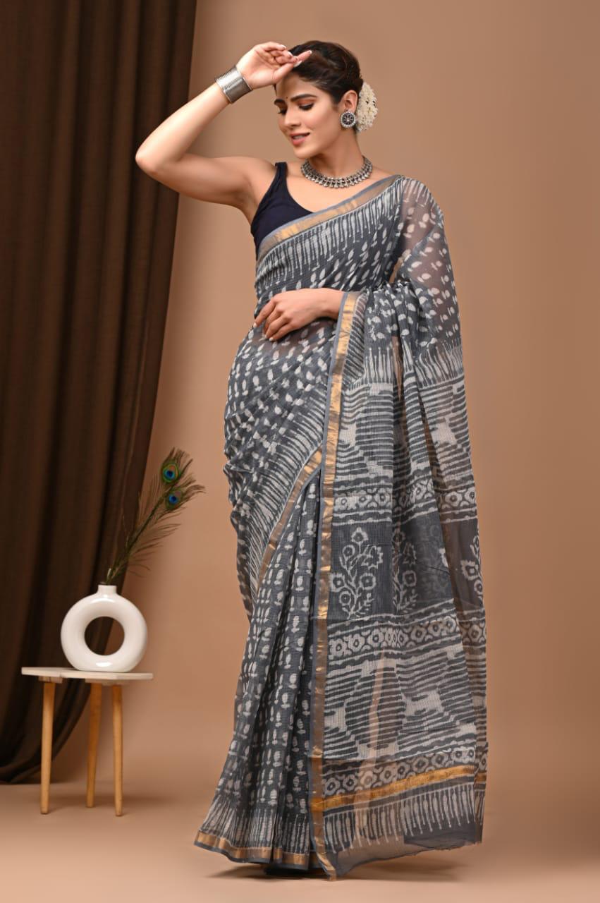 Shakila- Authentic Dark Gray Traditional Kota Doriya Print Saree