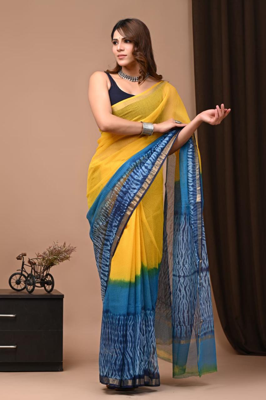 Vimi- Authentic Yellow Traditional Kota Doriya Print Saree