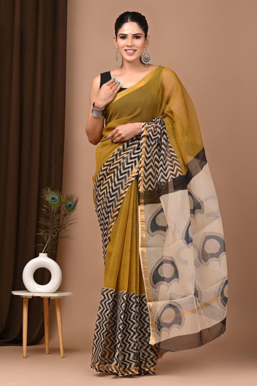 Vijaya- Authentic Yellow Traditional Kota Doriya Print Saree