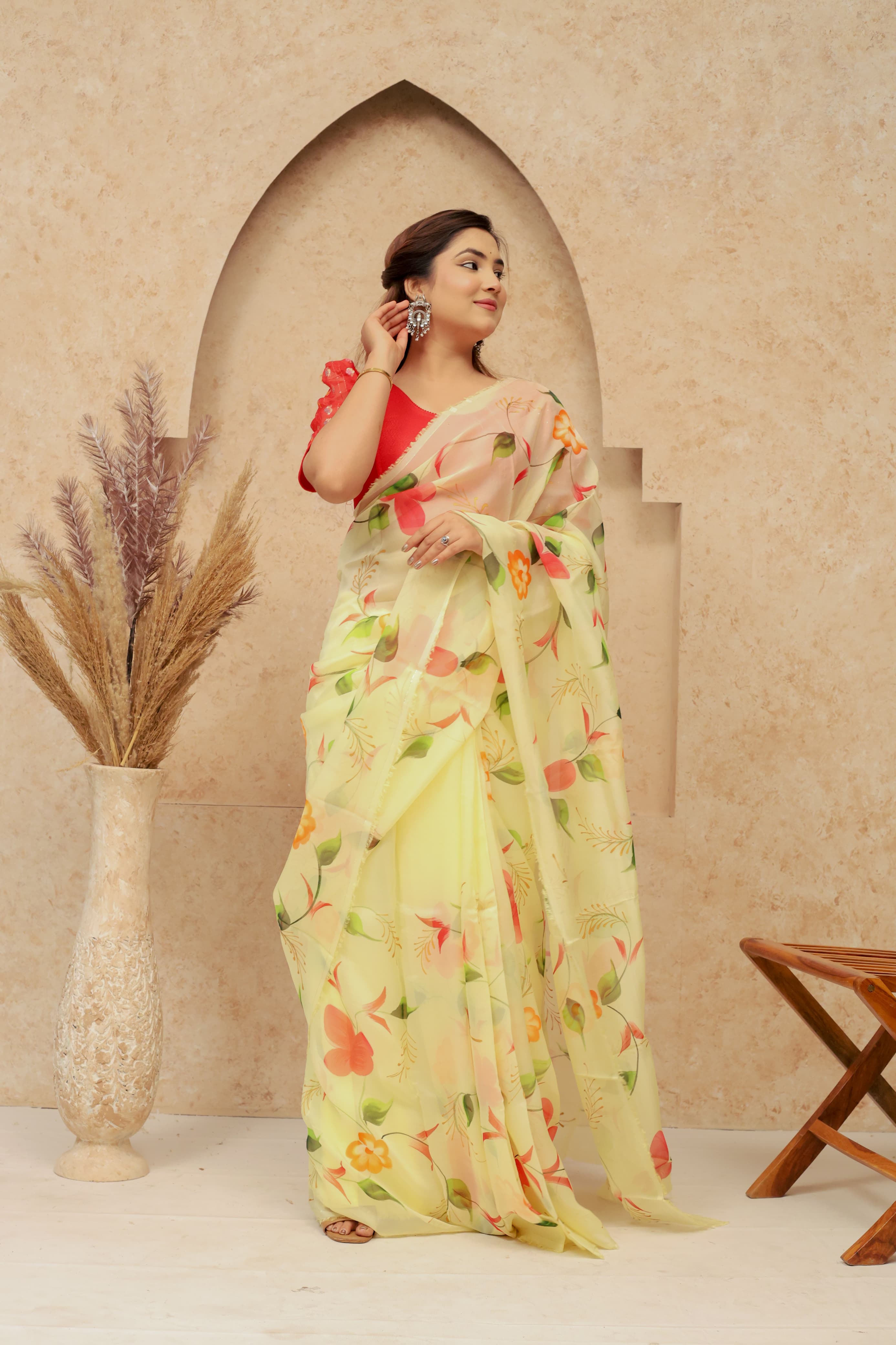 Bela- Organza Hand Painted Saree In Lemon Yellow