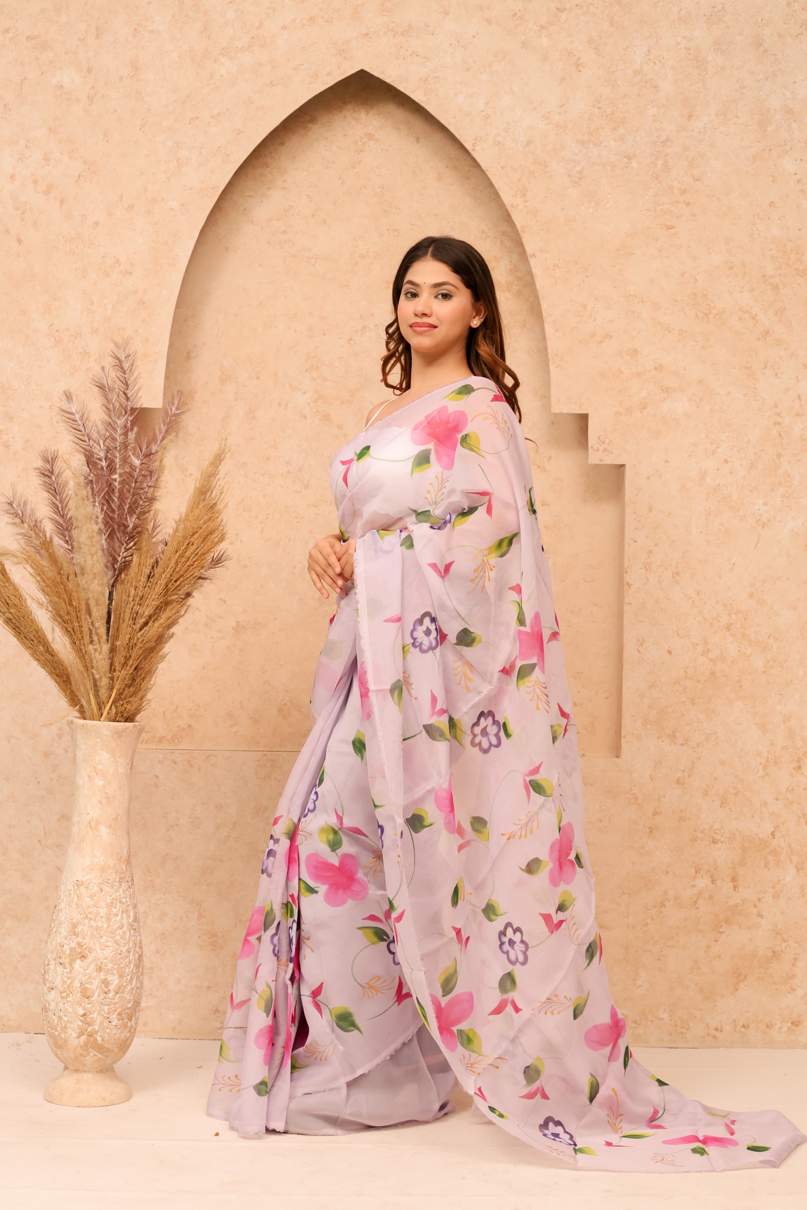 Kevda-Organza Hand Painted Saree In Lavender Colour