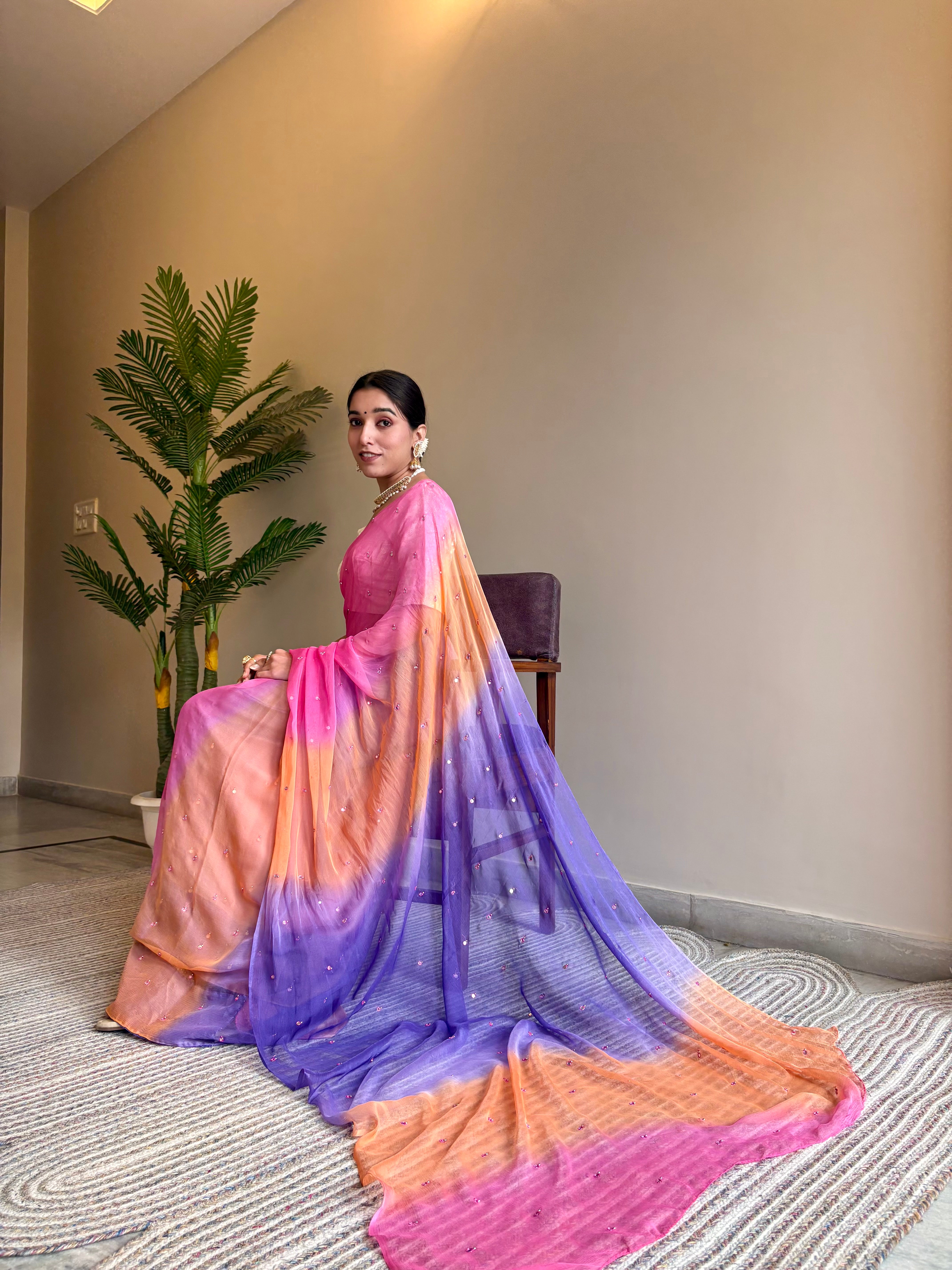 Chiffon Multicolor Mirror Work Saree