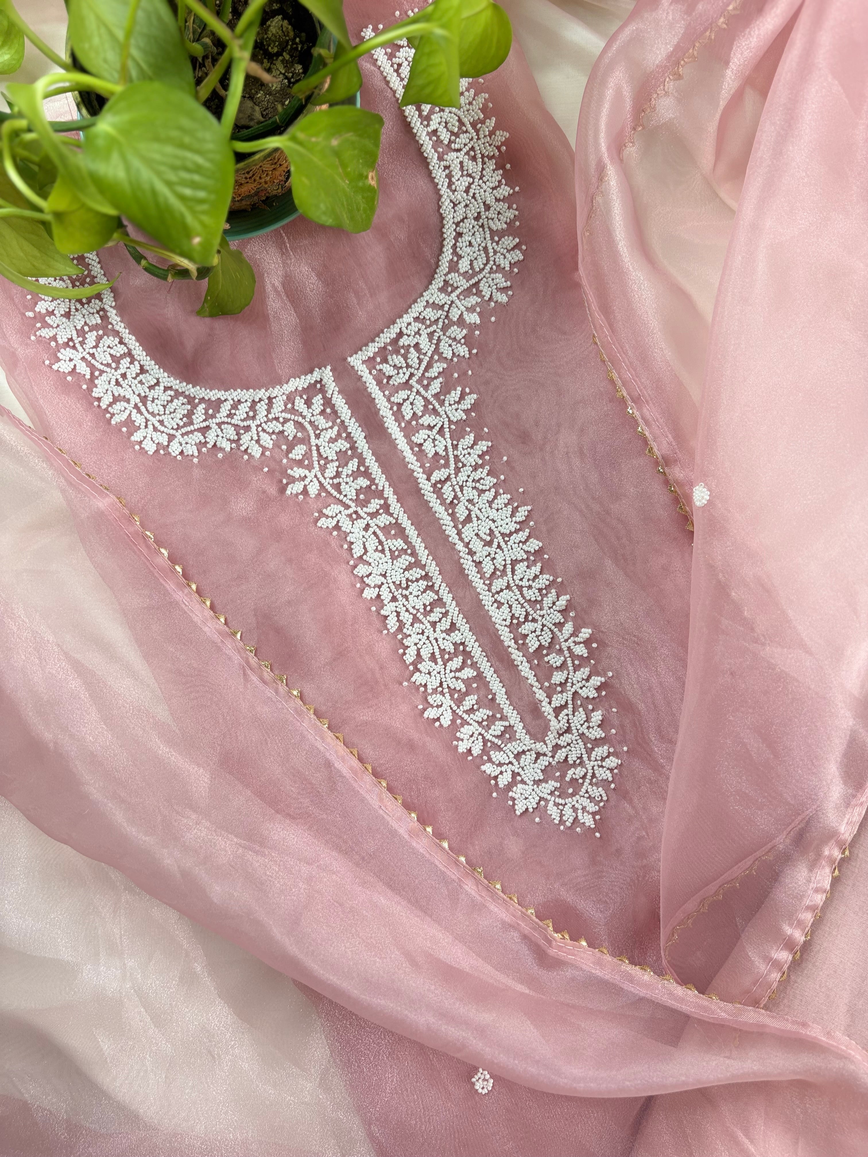 Tula- Pink Organza Suit With Heavy Pearl Neck Work