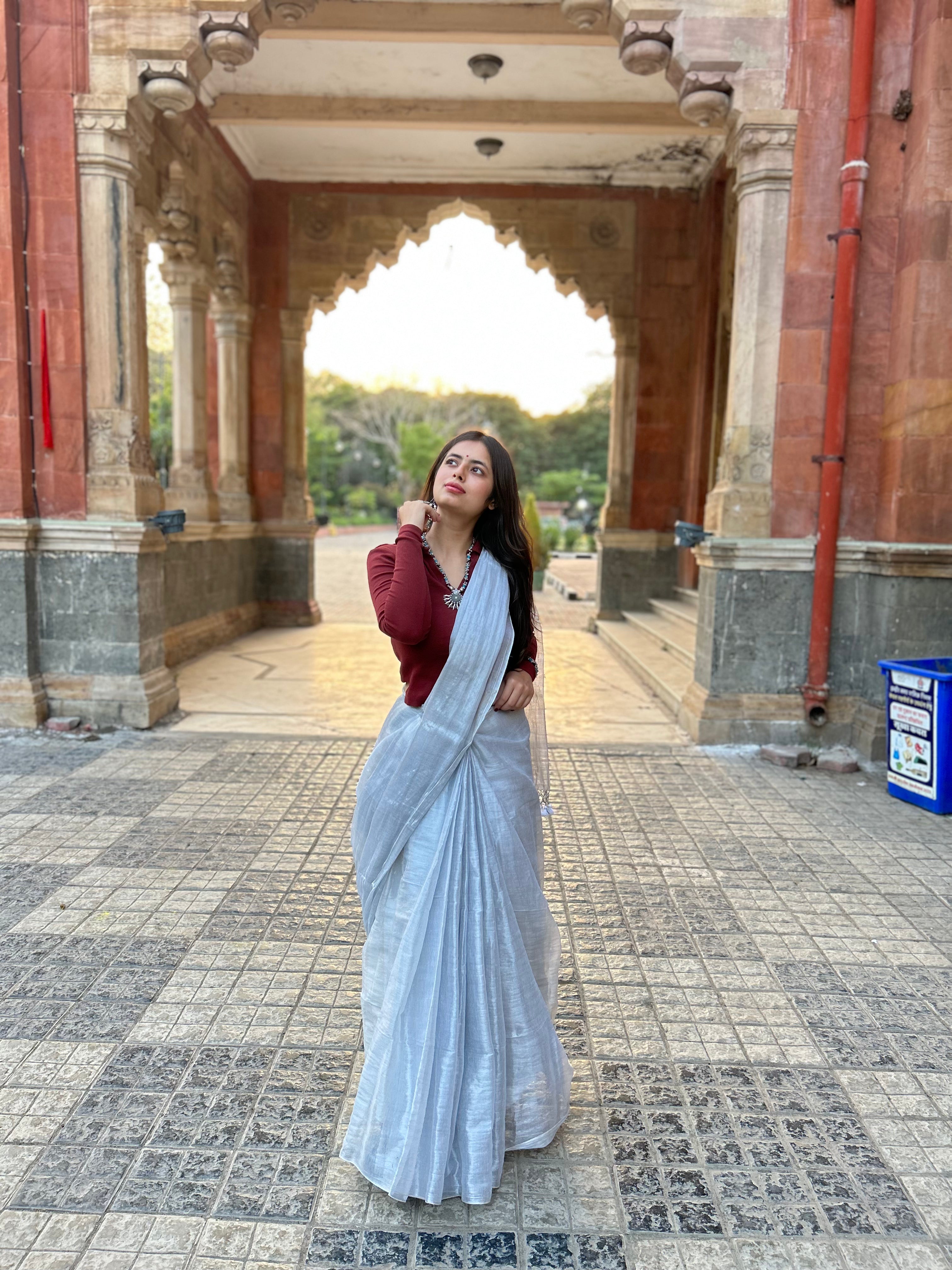 Silver Tissue Silk Saree With Blouse