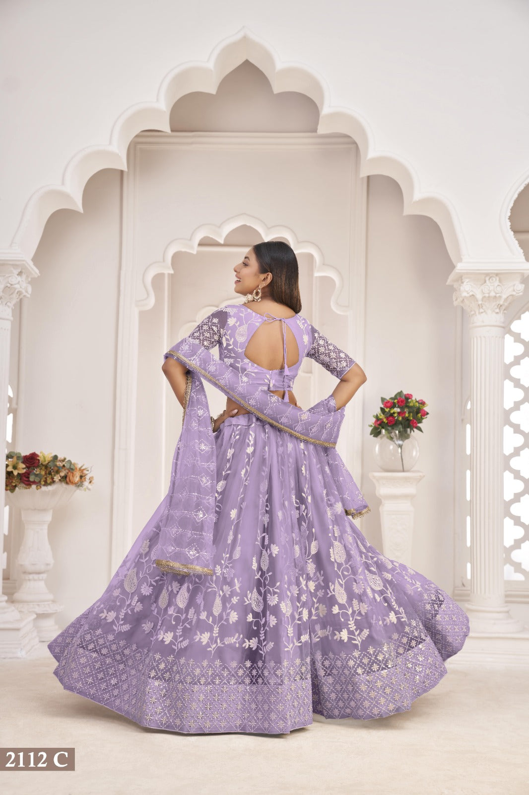 Levandar Net Thread Work Lehenga (Semi - Stitched