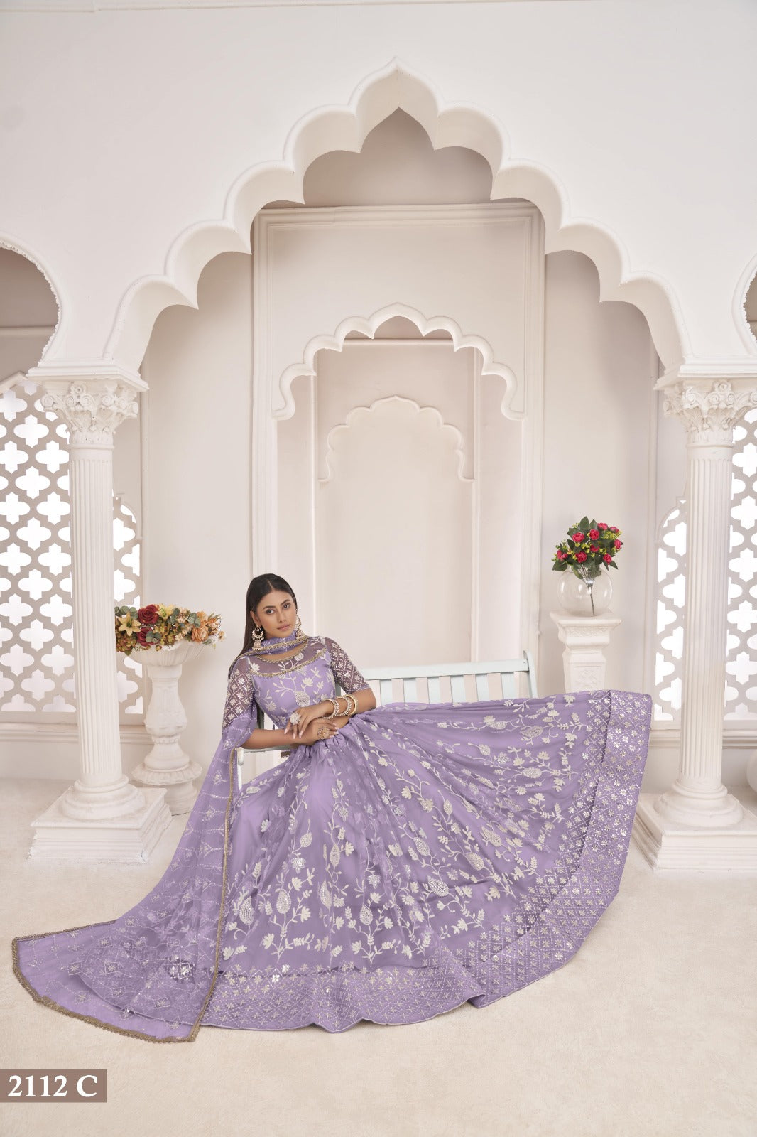 Levandar Net Thread Work Lehenga (Semi - Stitched