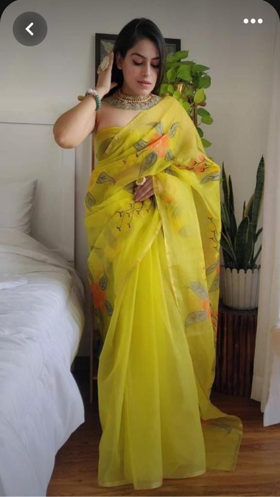 Organza Hand Painted Saree In Lemon Yellow