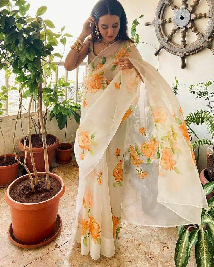 Light Orange Organza Hand Painted Saree