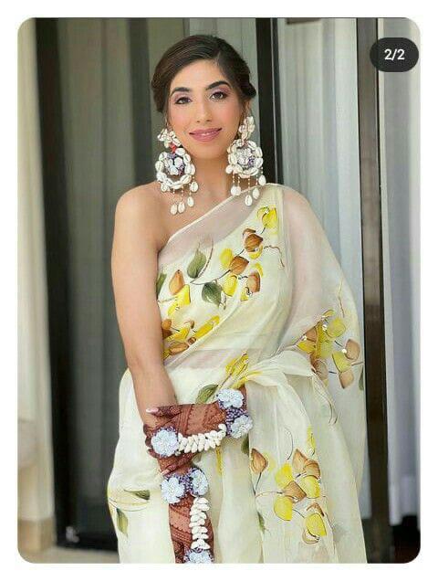Light Yellow Organza Hand Painted Saree