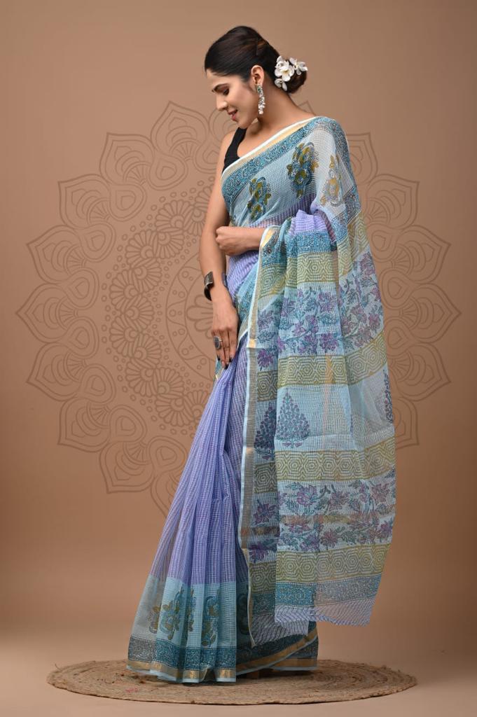 Light Blue Hand Block Print Kota Doria Saree