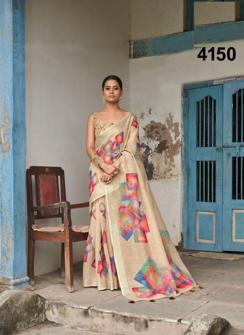 Linen Cotton Saree In Cream