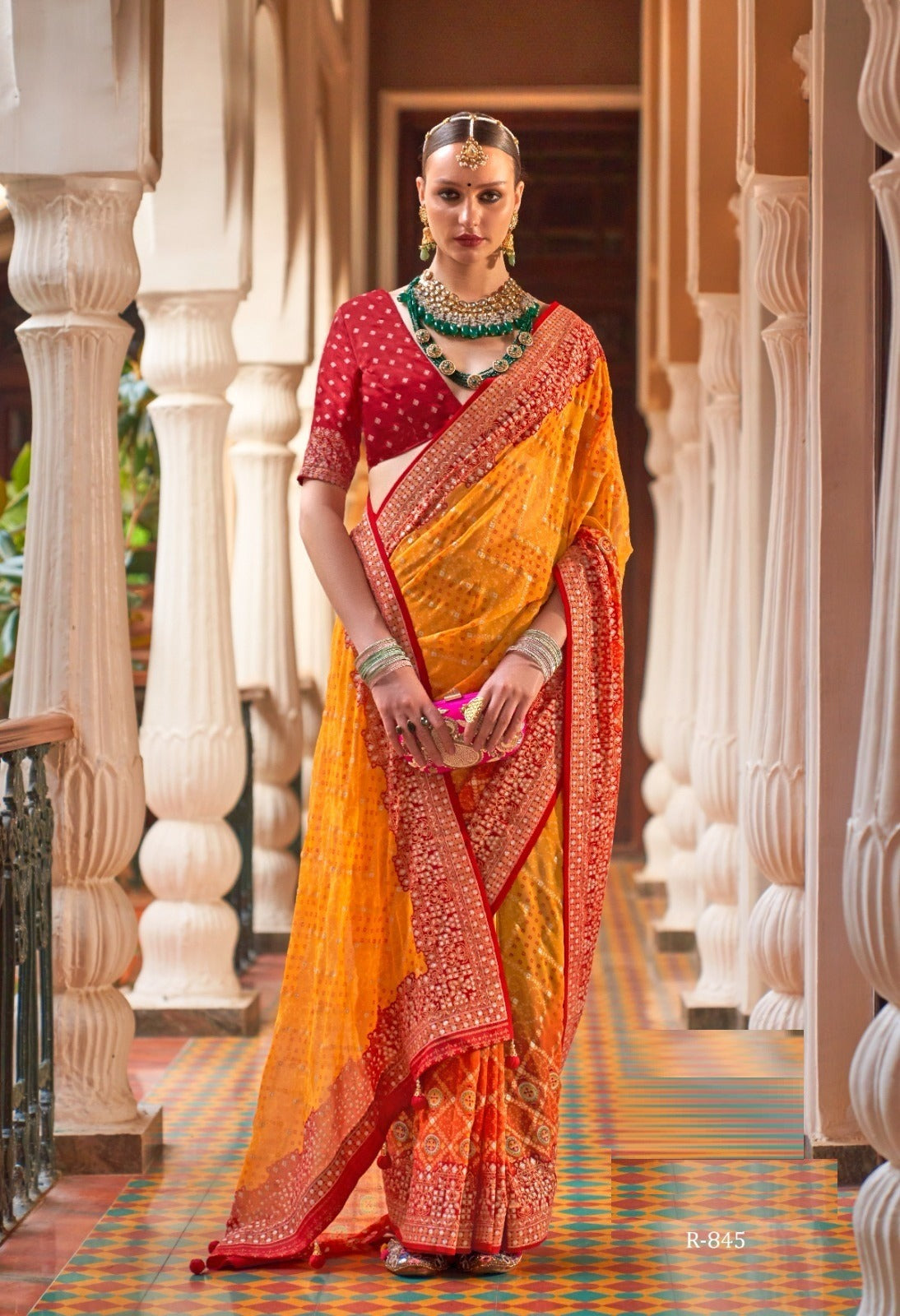 Leheriya Saree In Mustard Yellow, Designer Saree