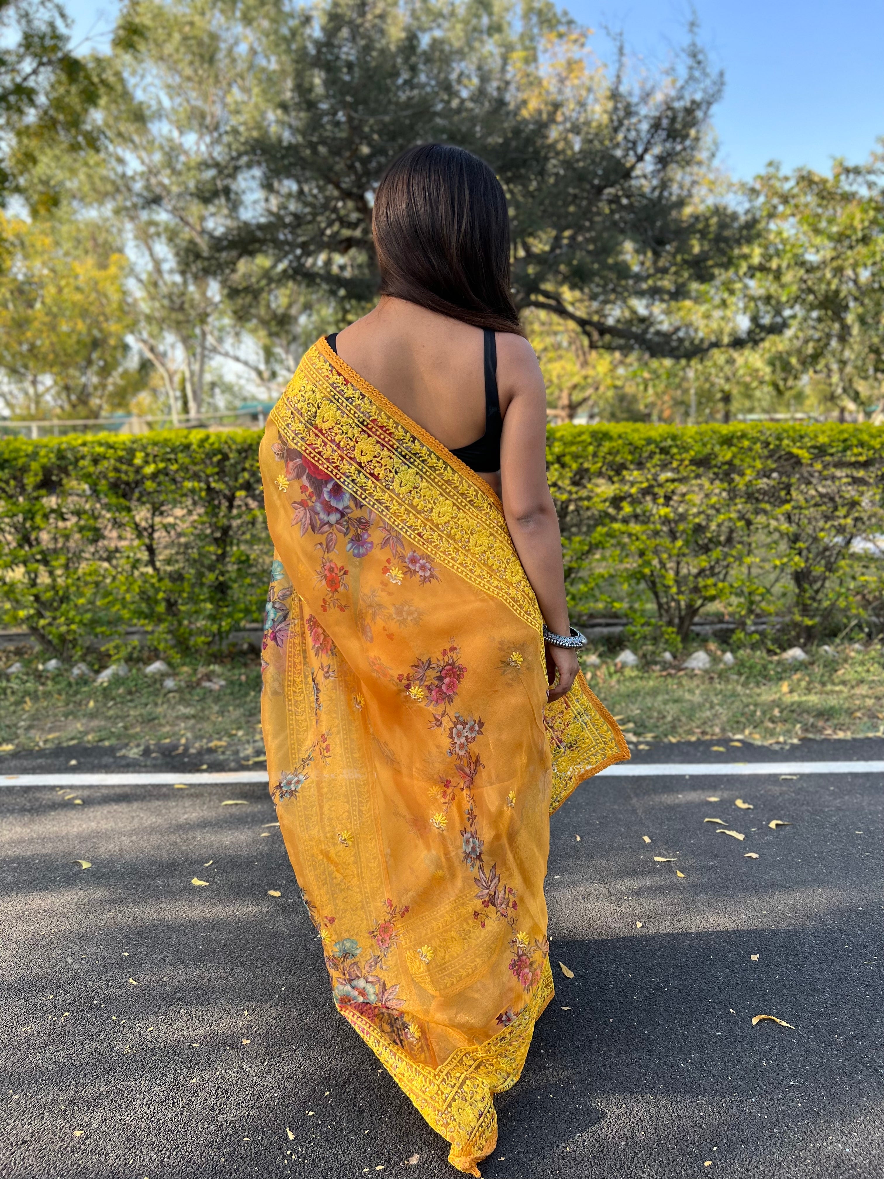 Boutique Style Saree In Mustard Yellow