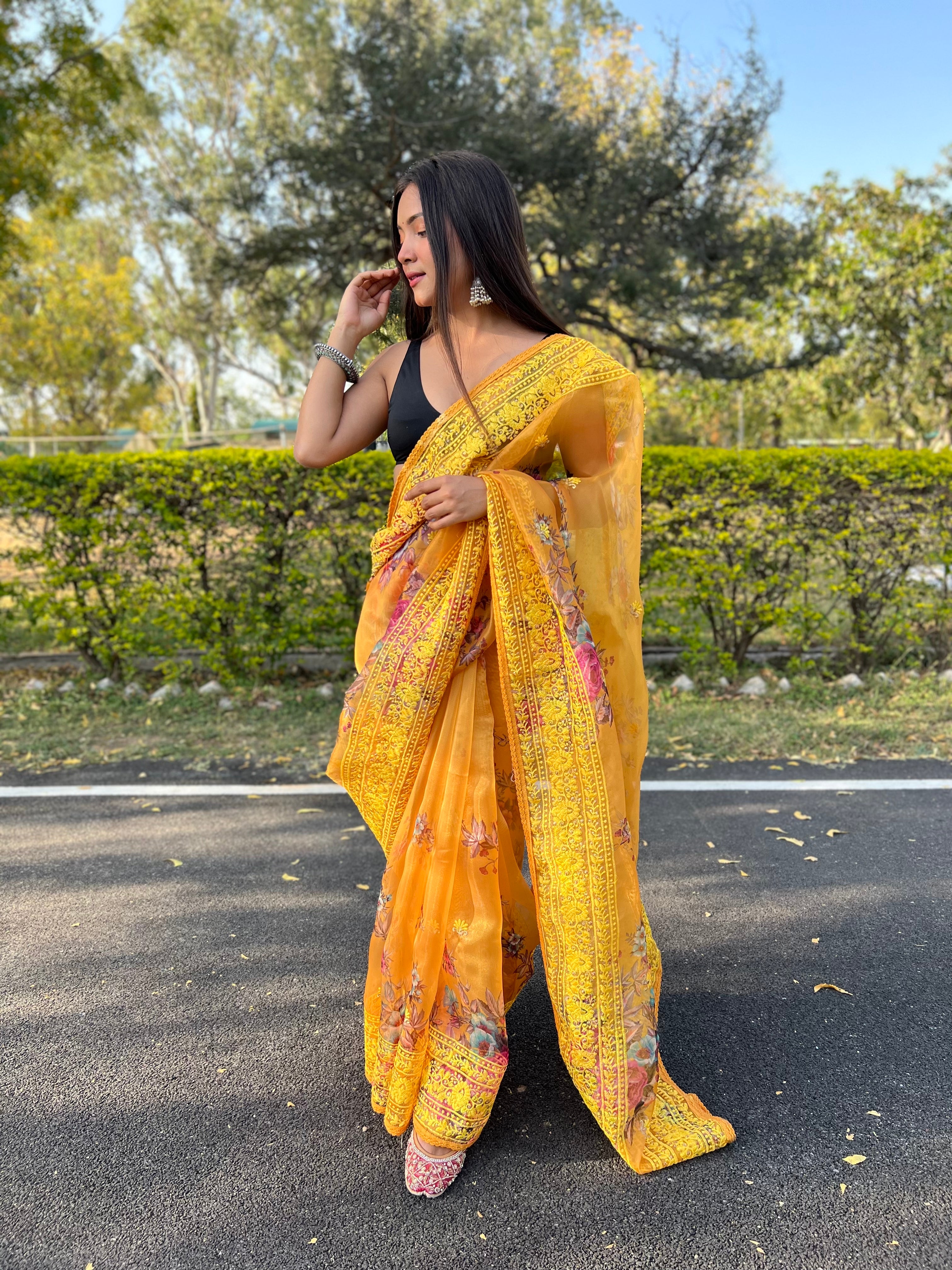 Boutique Style Saree In Mustard Yellow