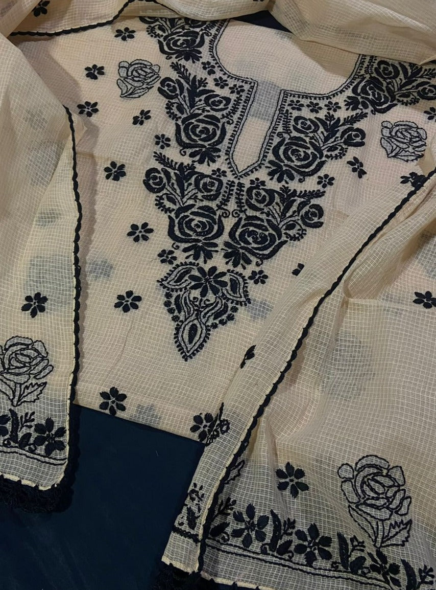 Off White-Black Chinkari Kota Silk Suit Fabric