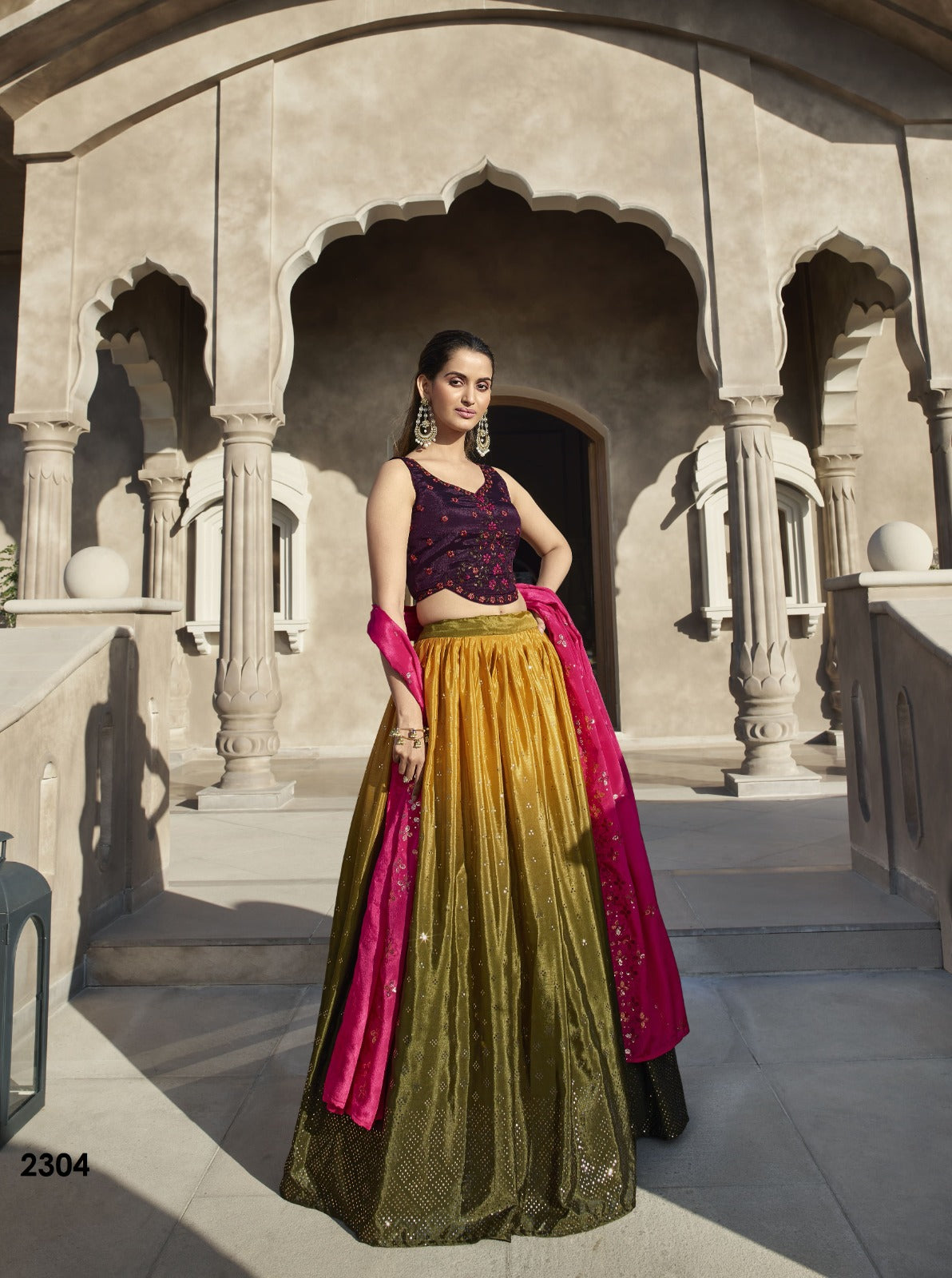 Georgette Lehenga In Olive Green (semi Stitched)