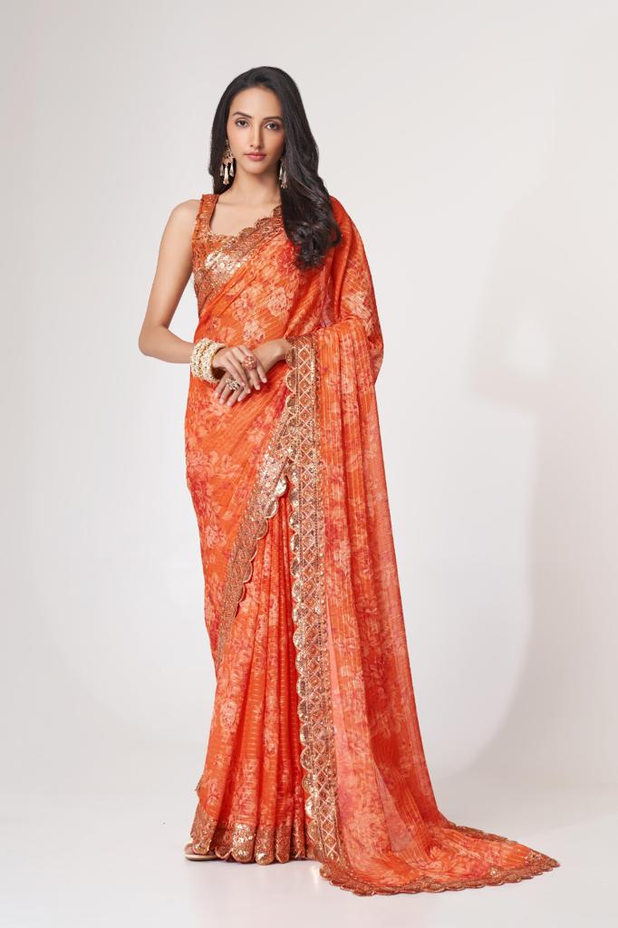 Orange Organza Sequins Work Saree