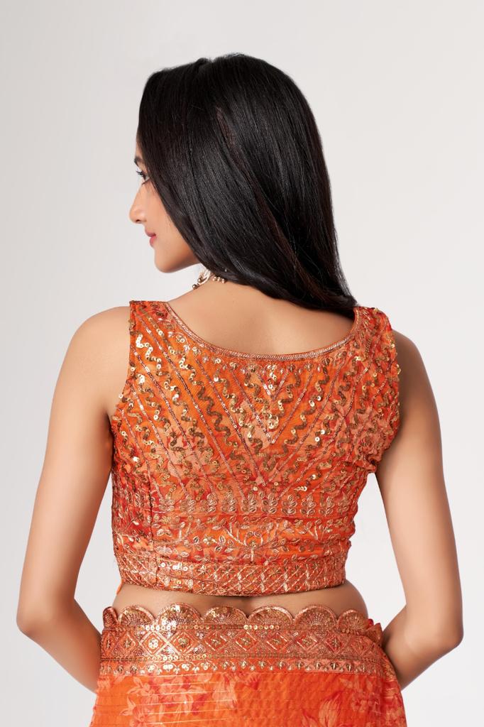 Orange Organza Sequins Work Saree