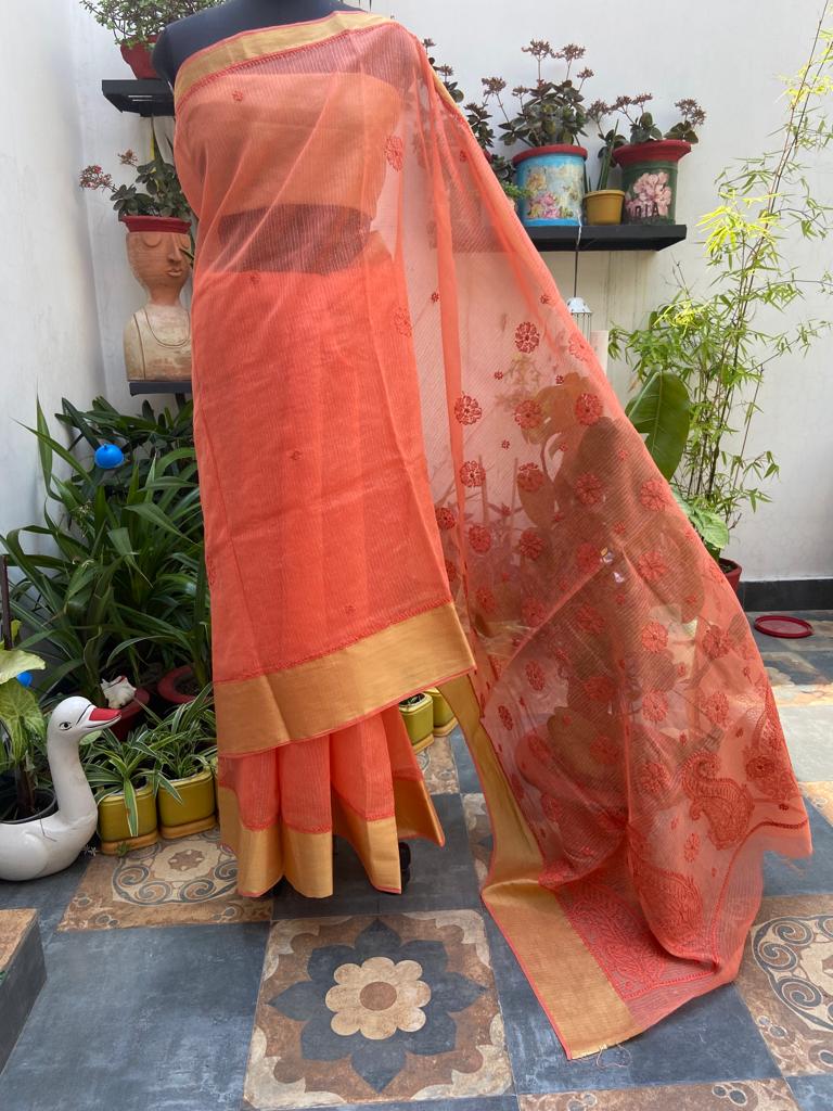 Kota Doria Chikankari Work Saree In Peach