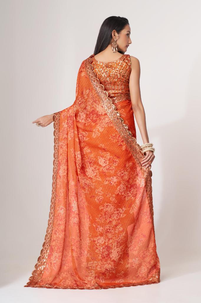 Orange Organza Sequins Work Saree
