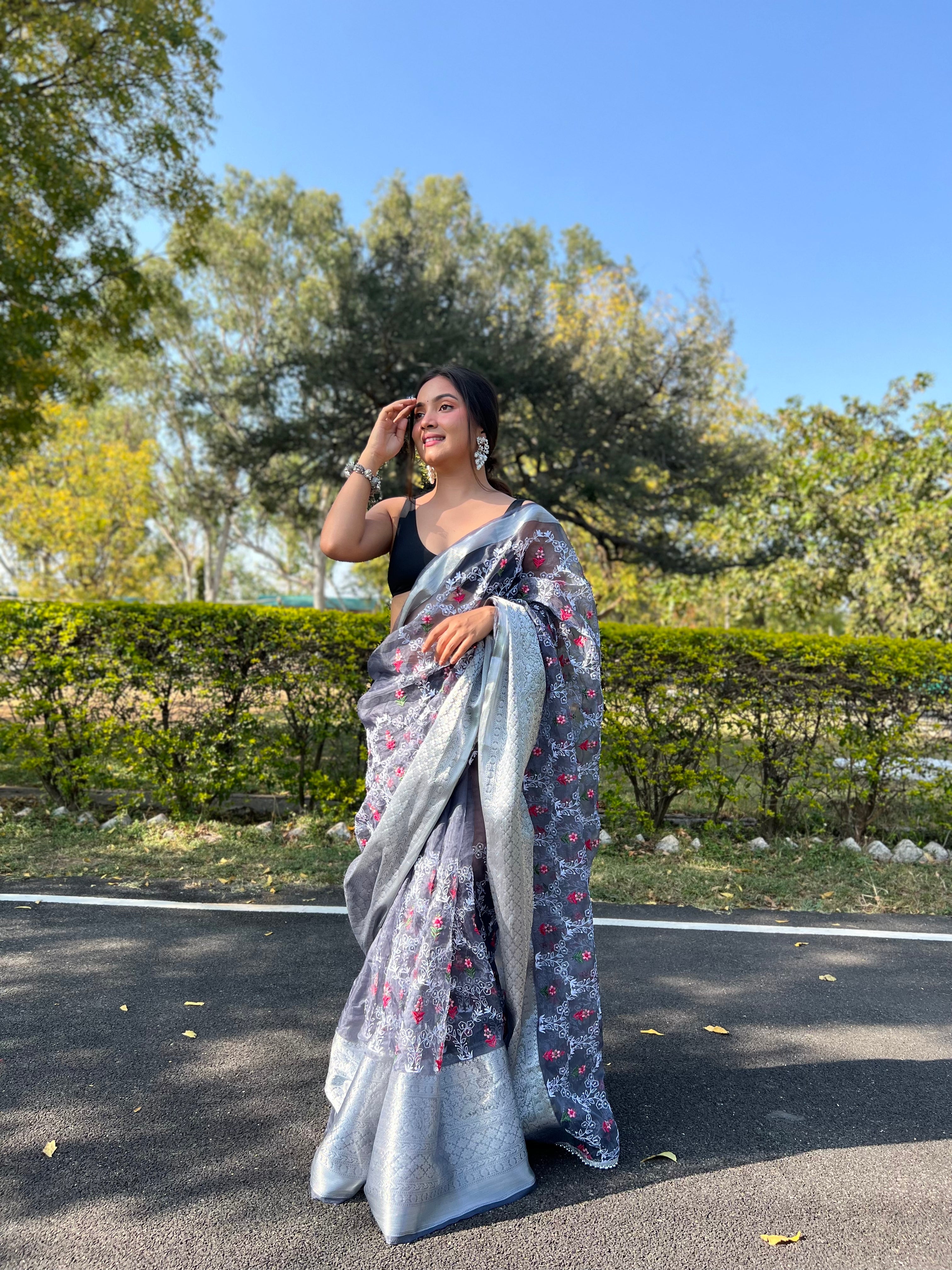 Boutique Style Saree In Grey