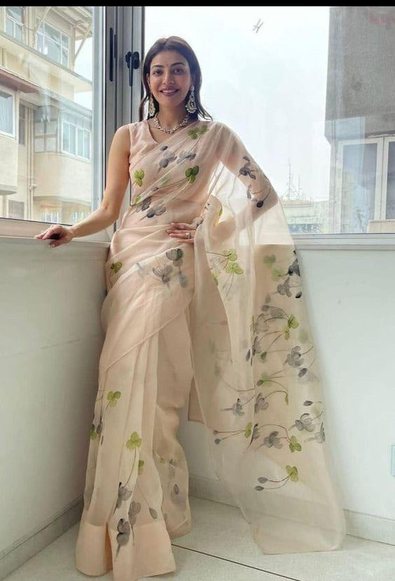 Organza Hand Painted Saree In Cream