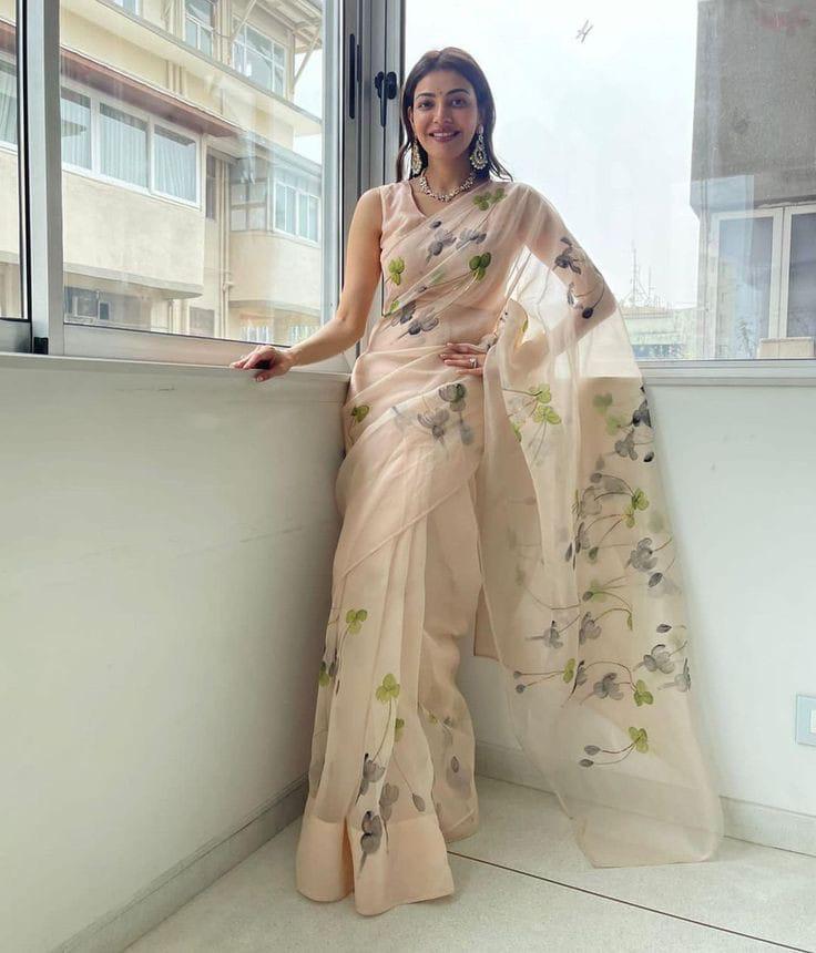 Organza Hand Painted Saree In Cream