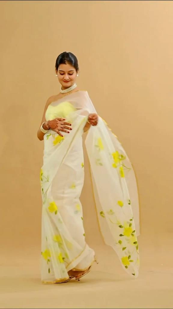 Organza HandPrinted Saree In White