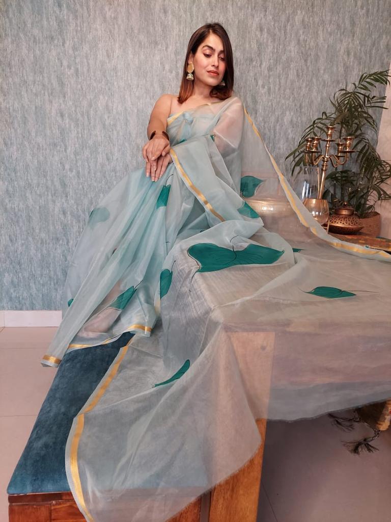 Organza Hand Painted Saree In Light Blue