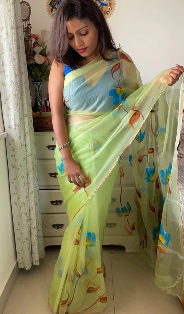 Parrot Green Organza Hand Painted Saree