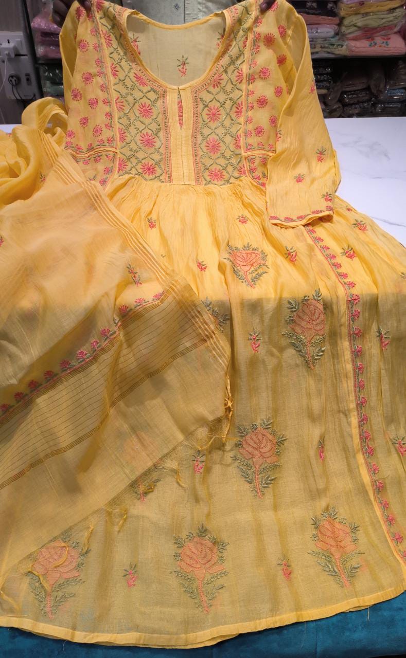 Saanjh - Sunset Yellow Chanderi Chikankari Semi Stitched Salwar Suit