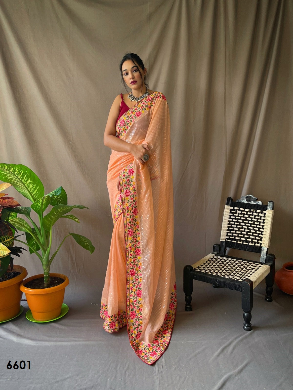 Sequins Work Saree In Peach