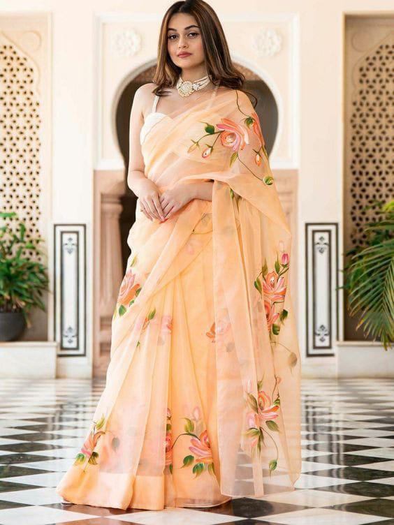Organza HandPrinted Saree In Peach