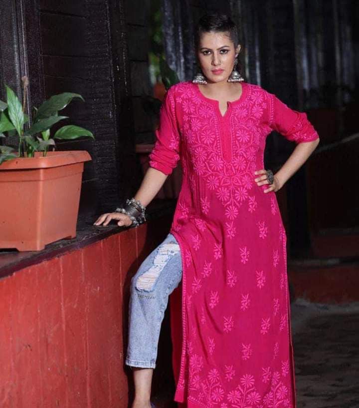 Georgette Chikankari Kurti in Hot Pink