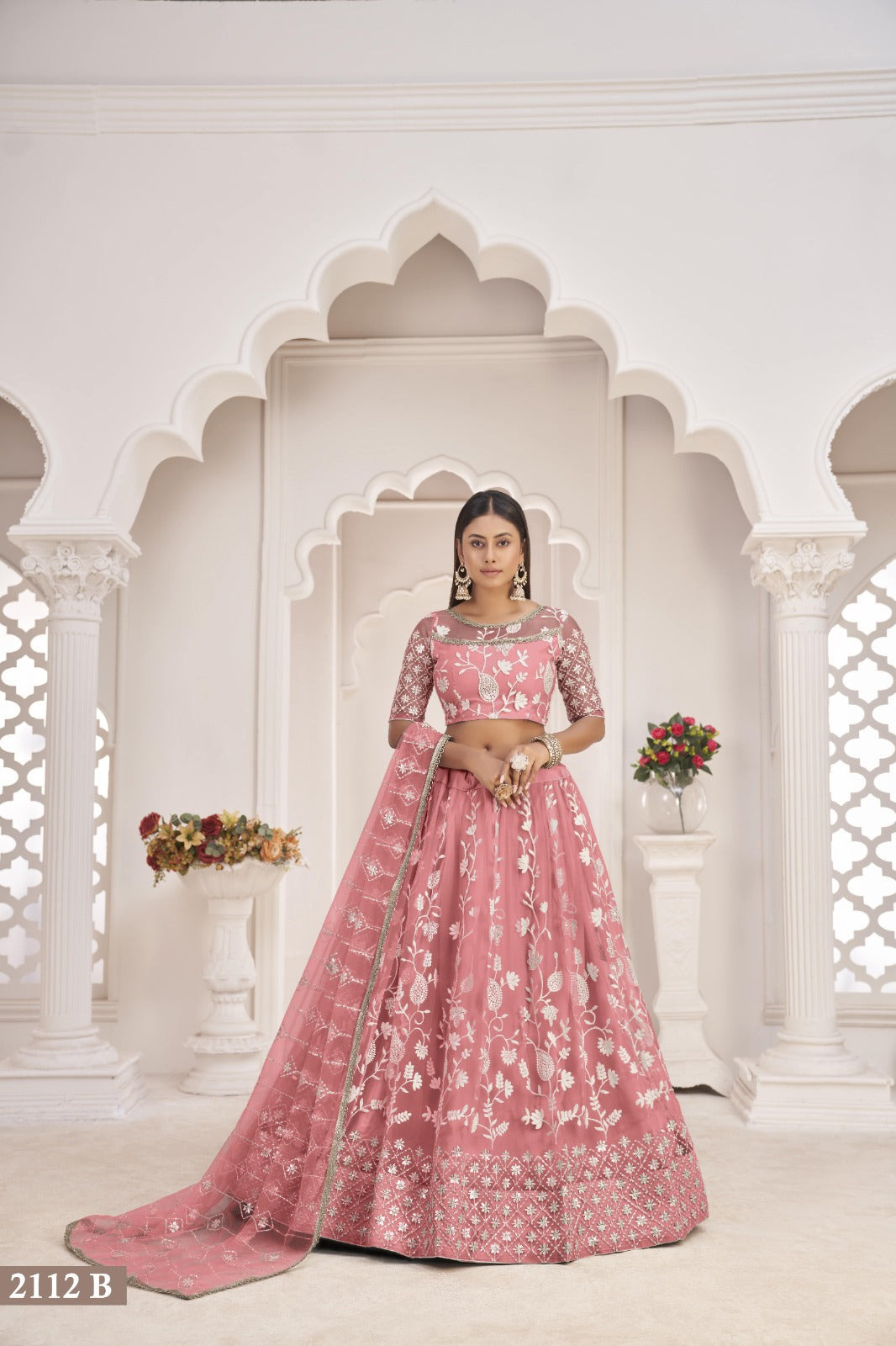 Pink Net Thread Work Lehenga (Semi - Stitched)