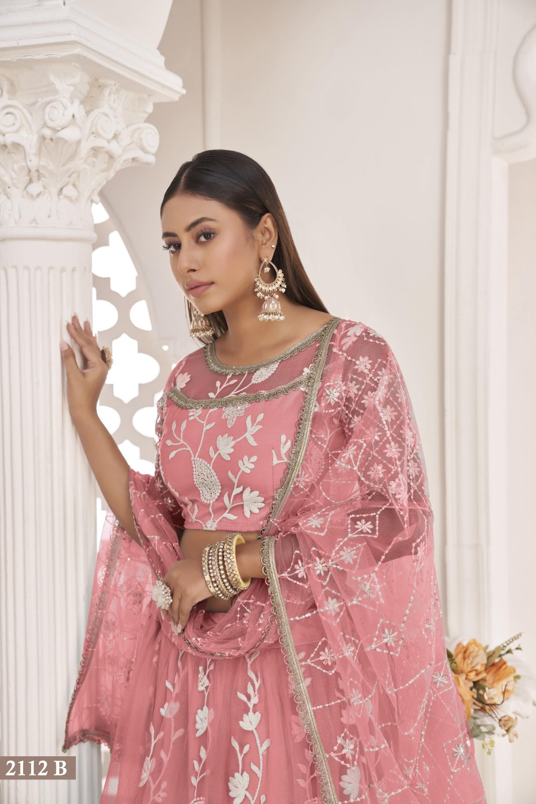 Pink Net Thread Work Lehenga (Semi - Stitched)