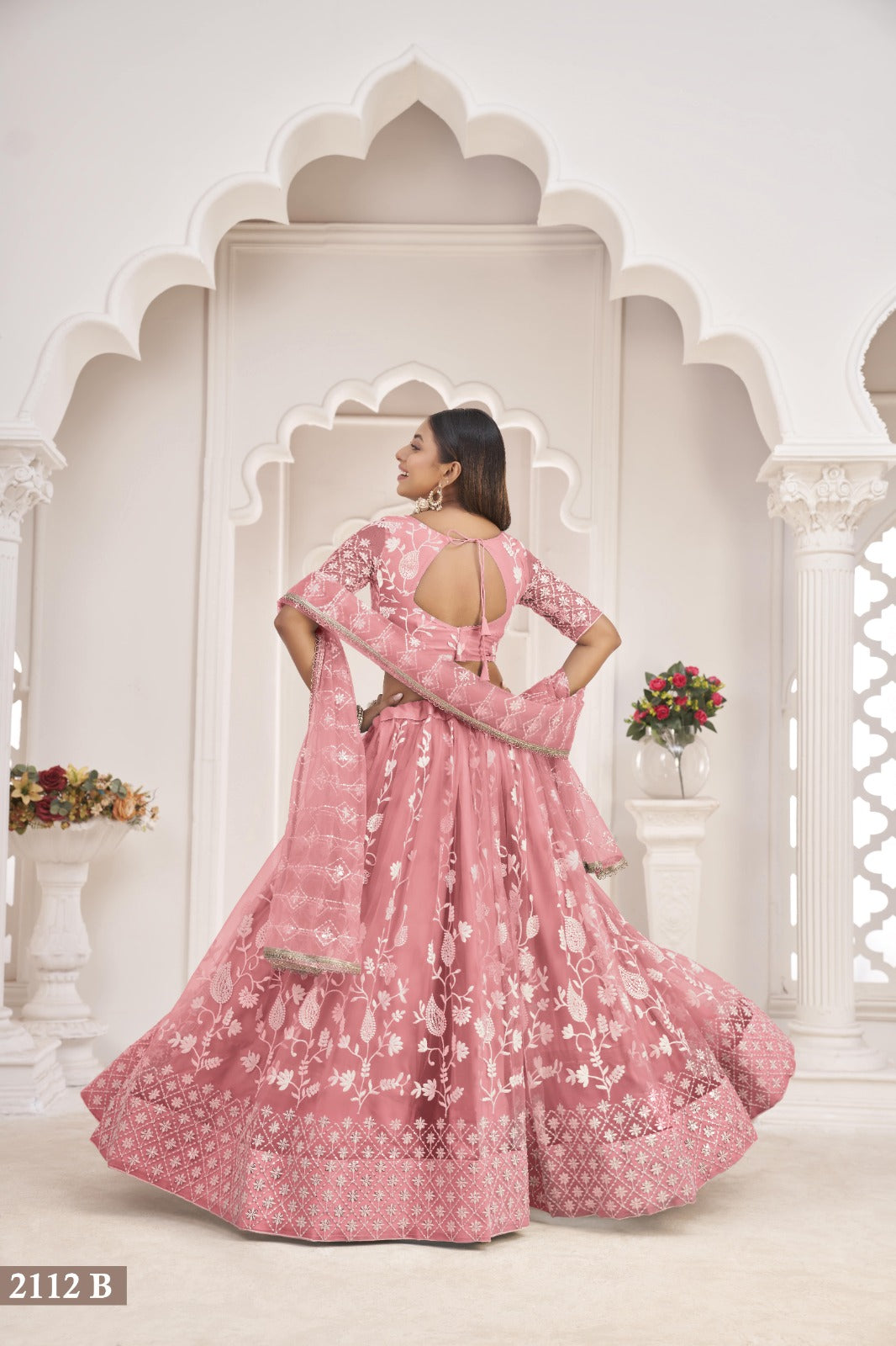 Pink Net Thread Work Lehenga (Semi - Stitched)