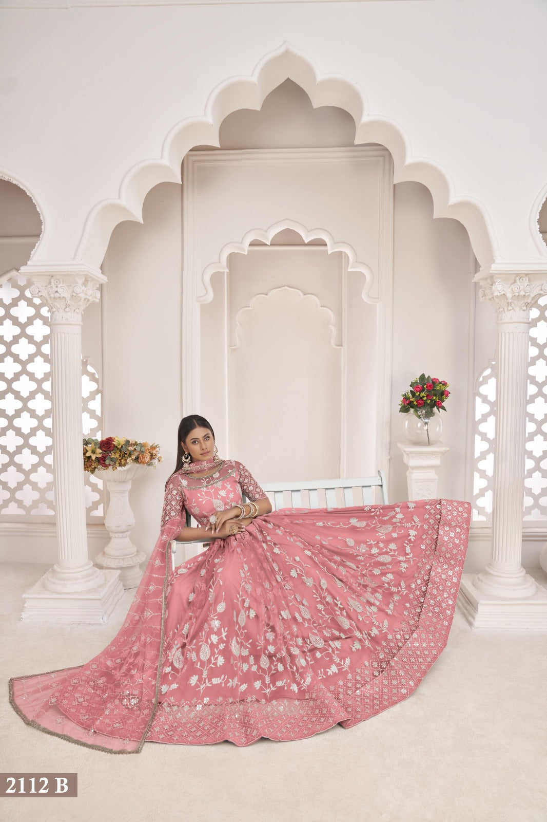 Pink Net Thread Work Lehenga (Semi - Stitched)