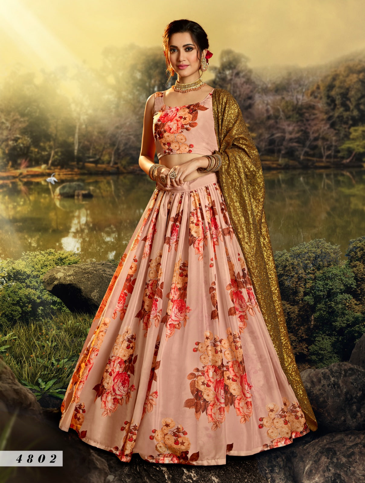 Floral Organza Lehenga In Pink (Semi Stitched)