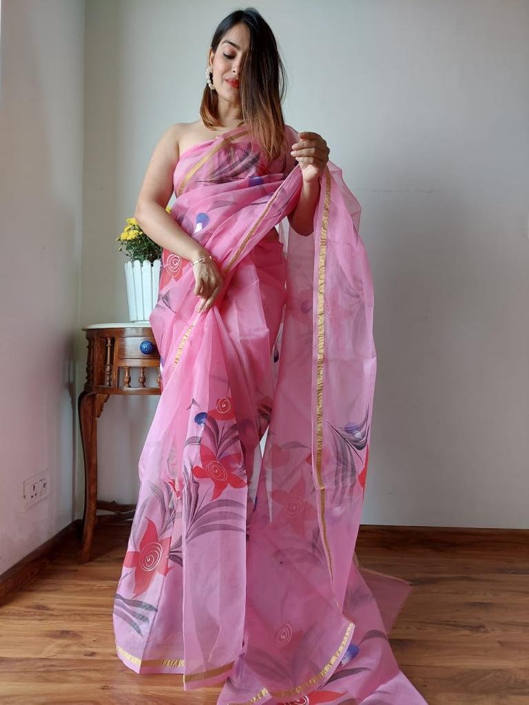 Pink Organza Hand Painted Saree