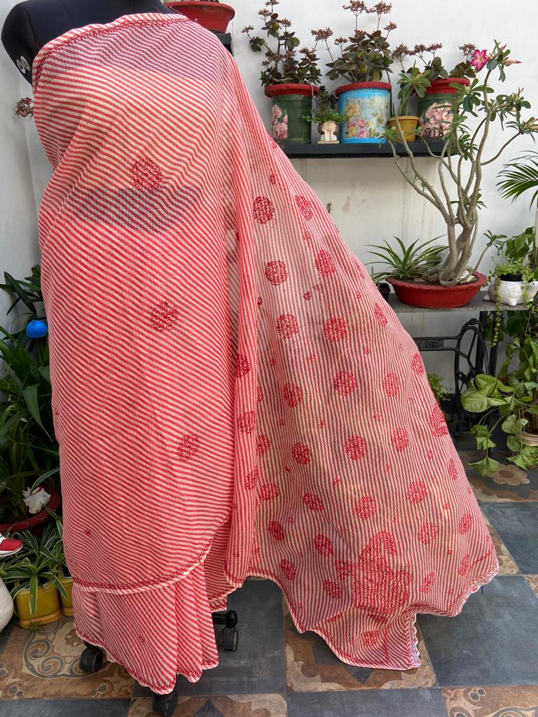 Kota Doria Chikankari Work Saree In Pink